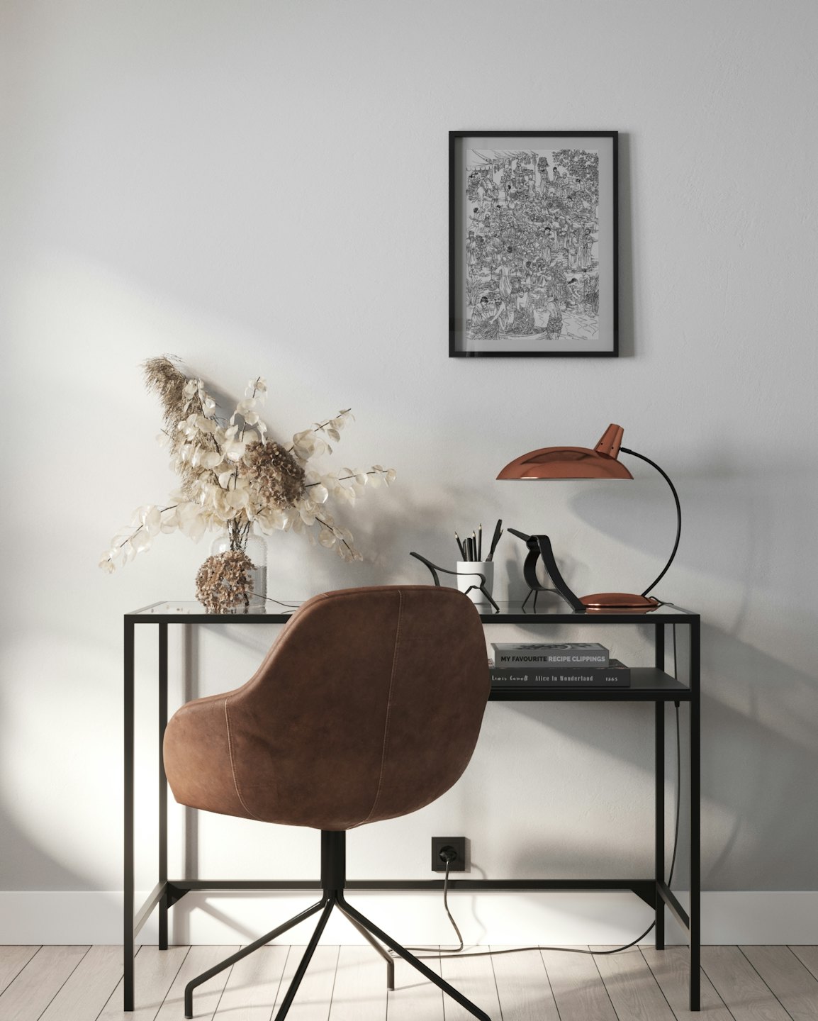 Modern home office with black desk and brown leather chair.